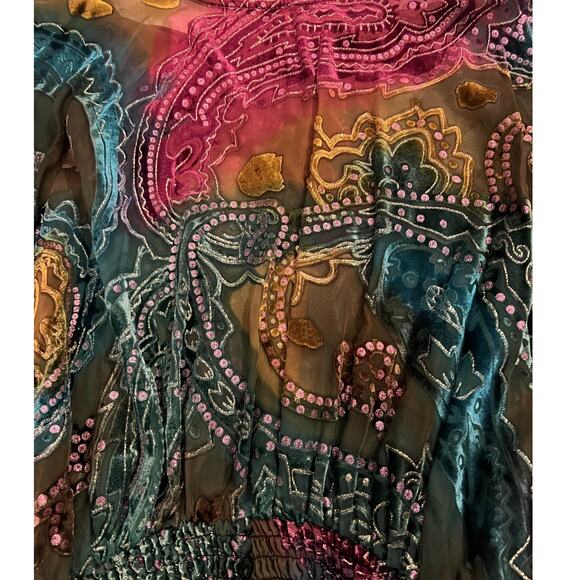 Cache Luxe Top Womens Size S Boho Cape Sleeve Multicolor Sheer LIned Sequin - Picture 4 of 10